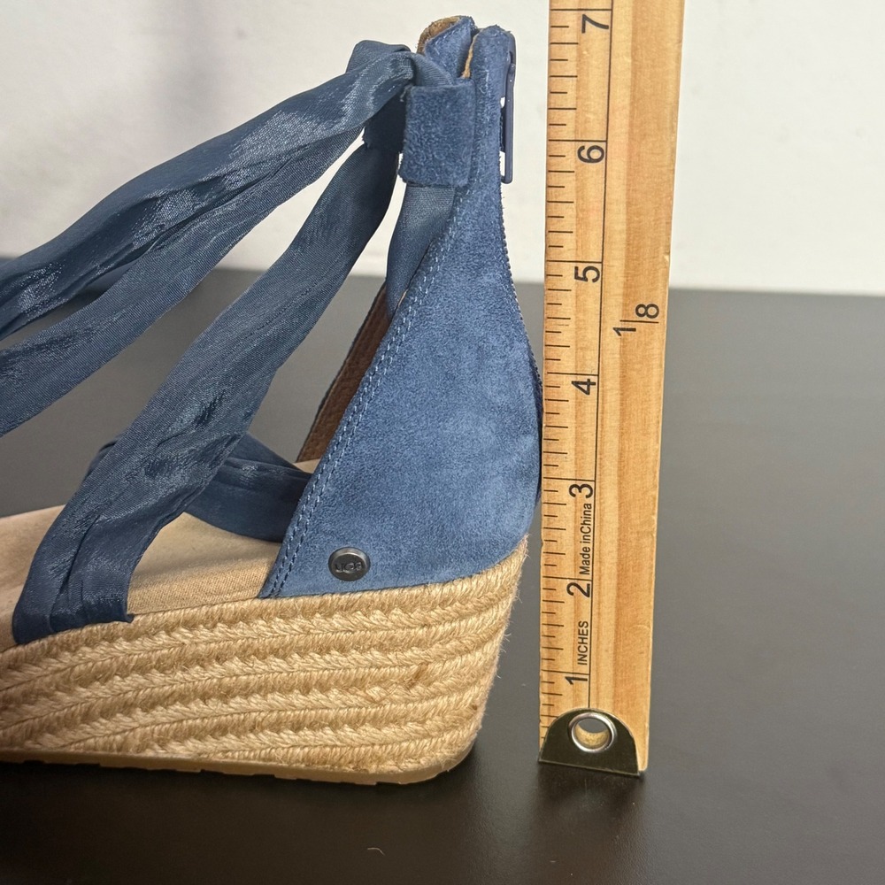 UGG Trina Wedge Espadrille Ankle Wrap Tie Up Sandals Size 10 Blue Suede BOHO - Picture 6 of 12